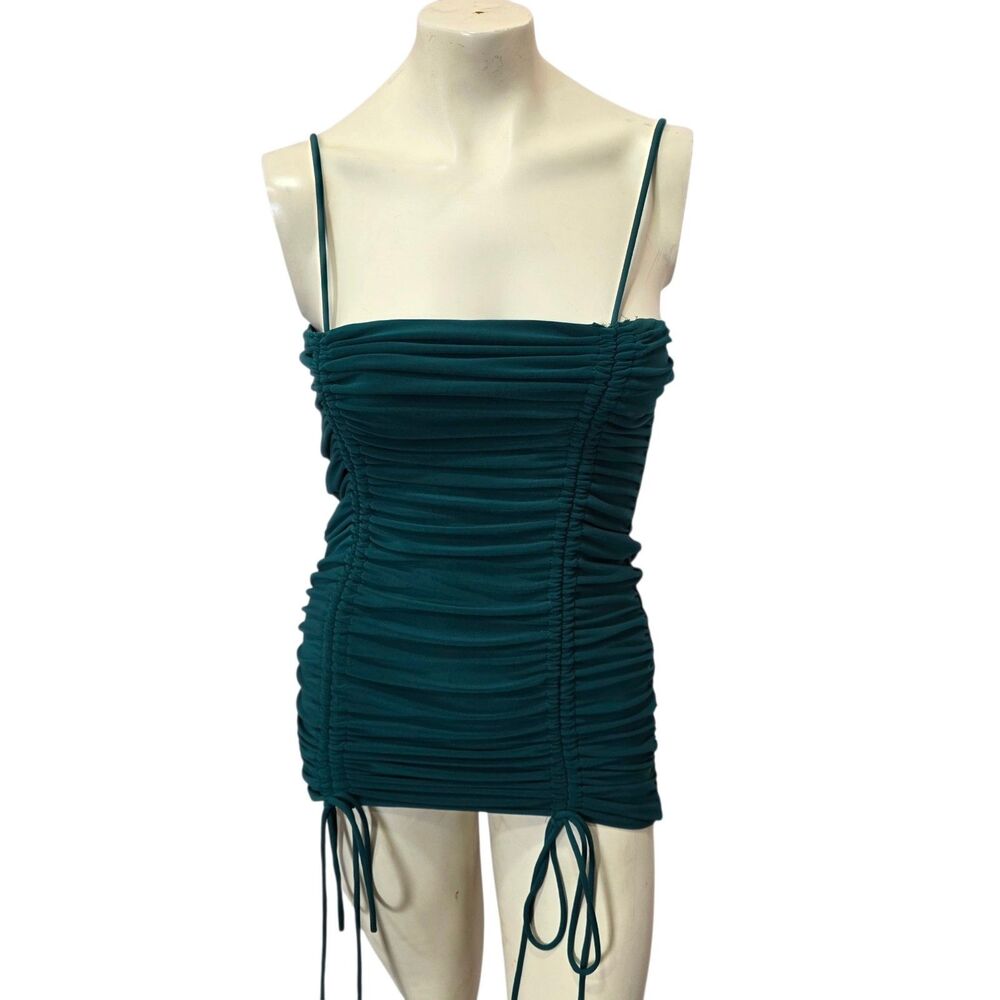 Iris Ruched Bodycon Mini Dress Large Green Cami Drawstring Club Cocktail Party